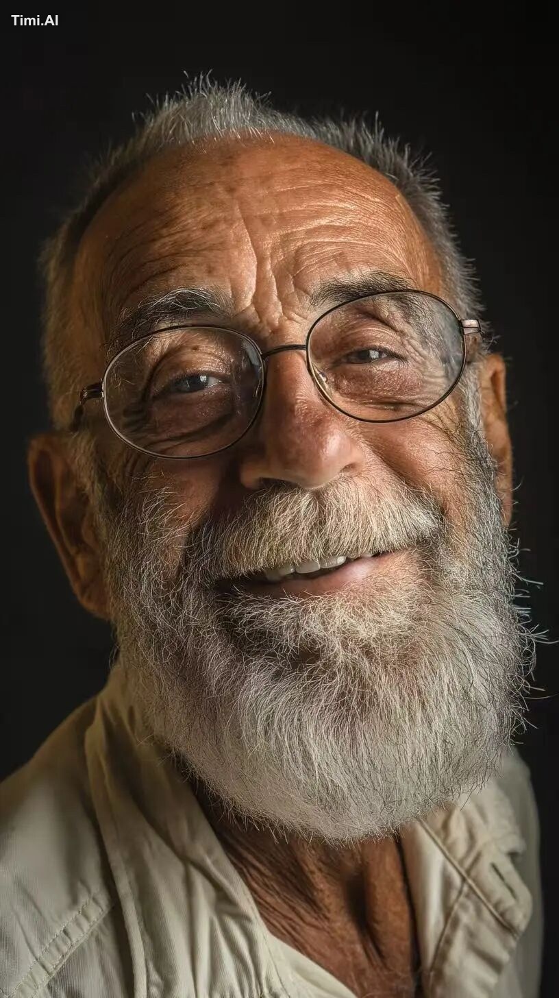 The grandfather smiles back, his eyes twinkling with joy. A moment of s…