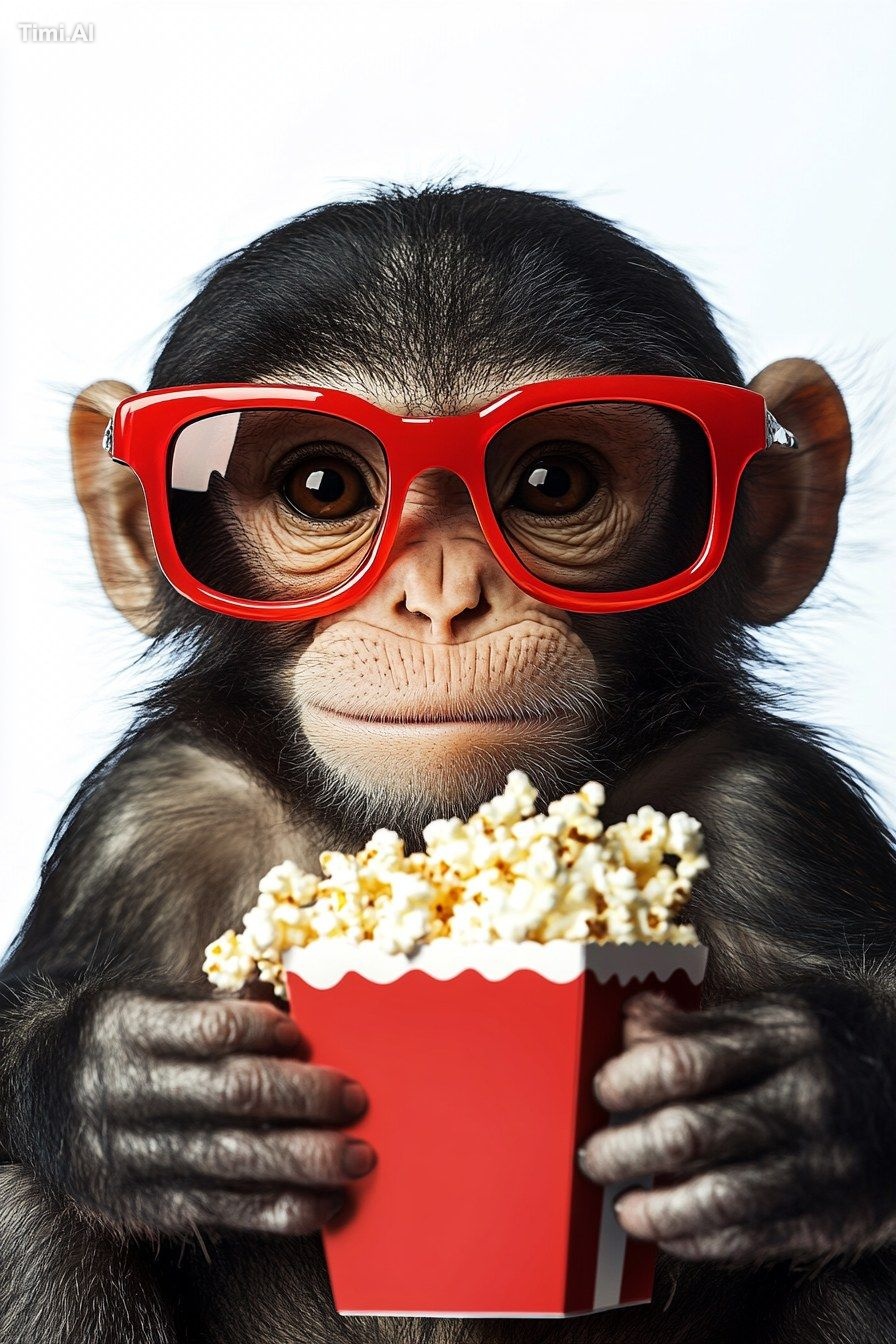 A Monkey wearing red sunglasses, holding popcorn, against a white backg…