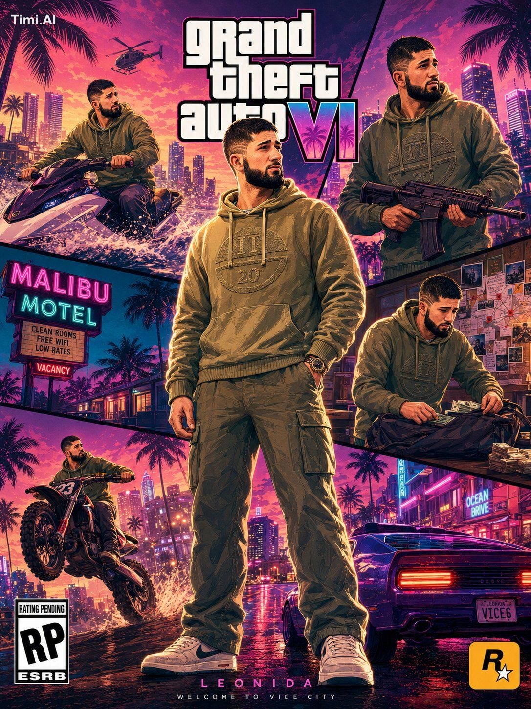 Convert this image into a 3:4 official GTA VI-style game poster for the…
