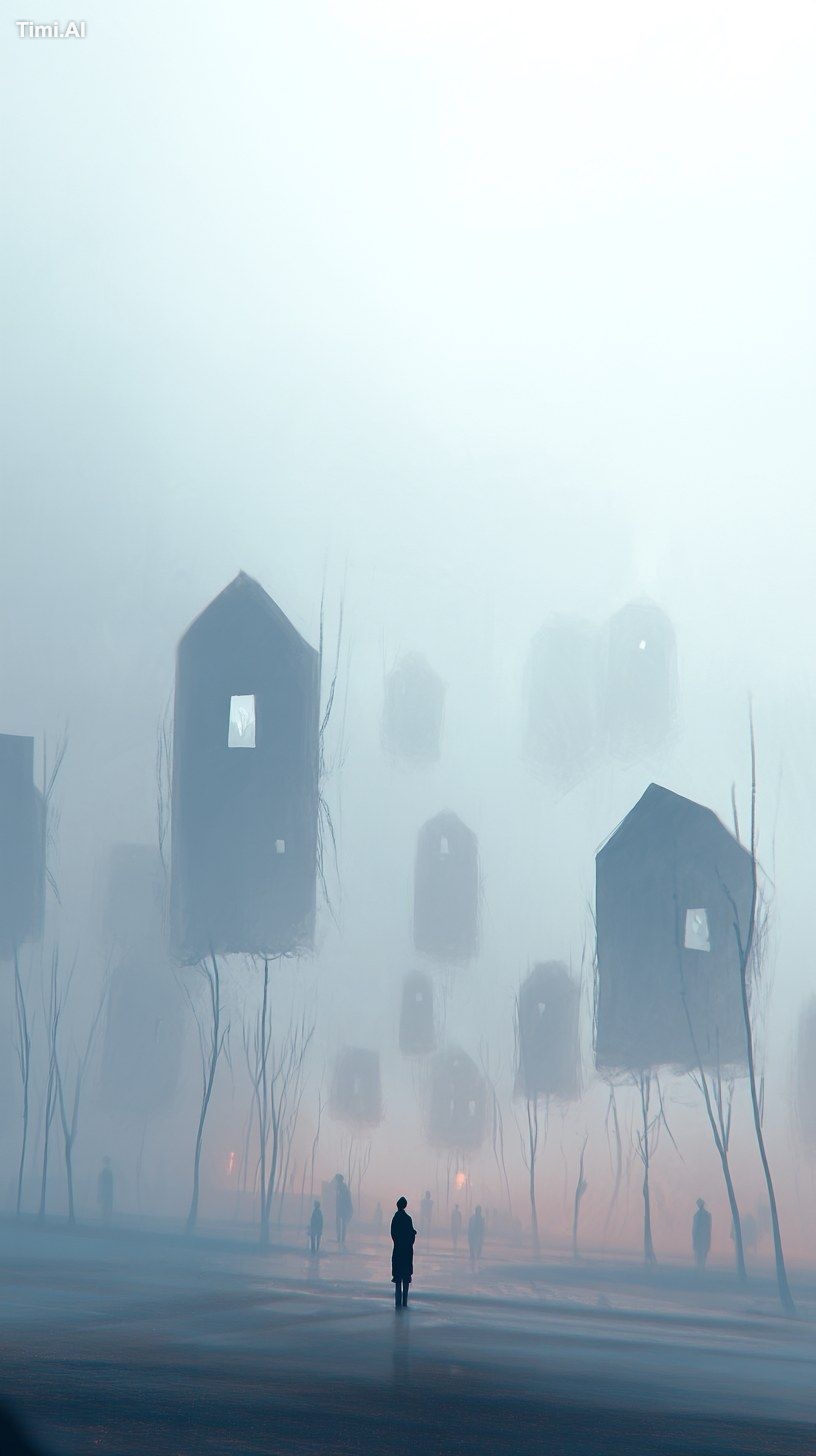 A surreal valley under a dim, misty sky, filled with ghostlike structur…