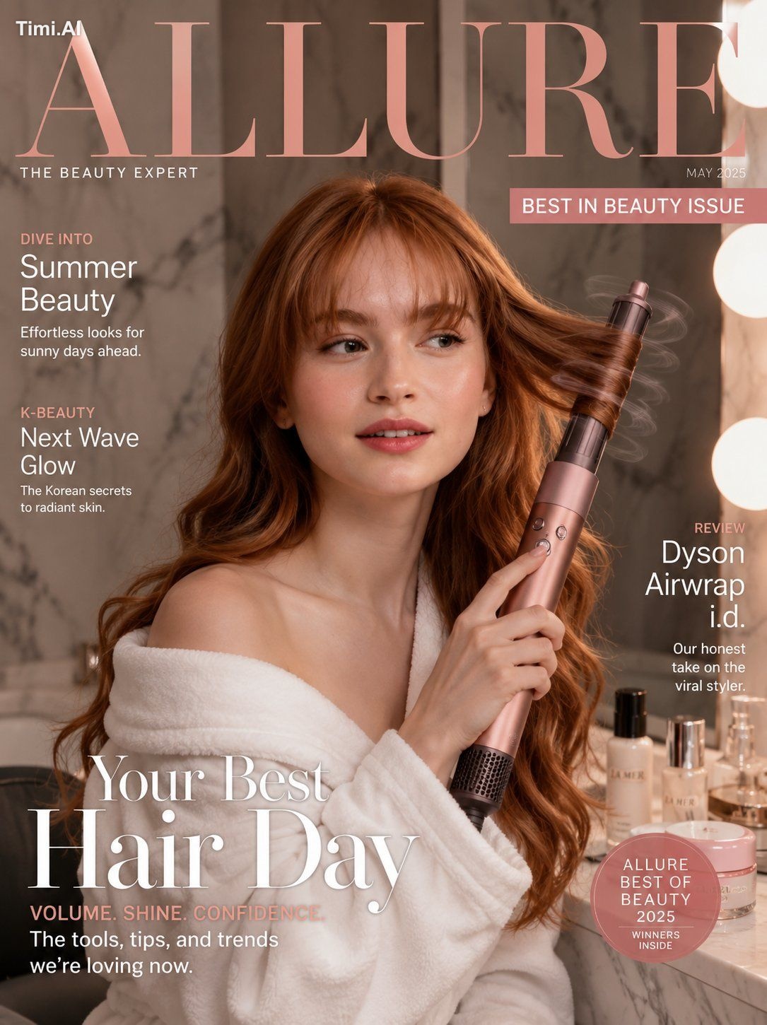 Ultra-realistic prestige beauty magazine cover featuring a glamorous Ko…