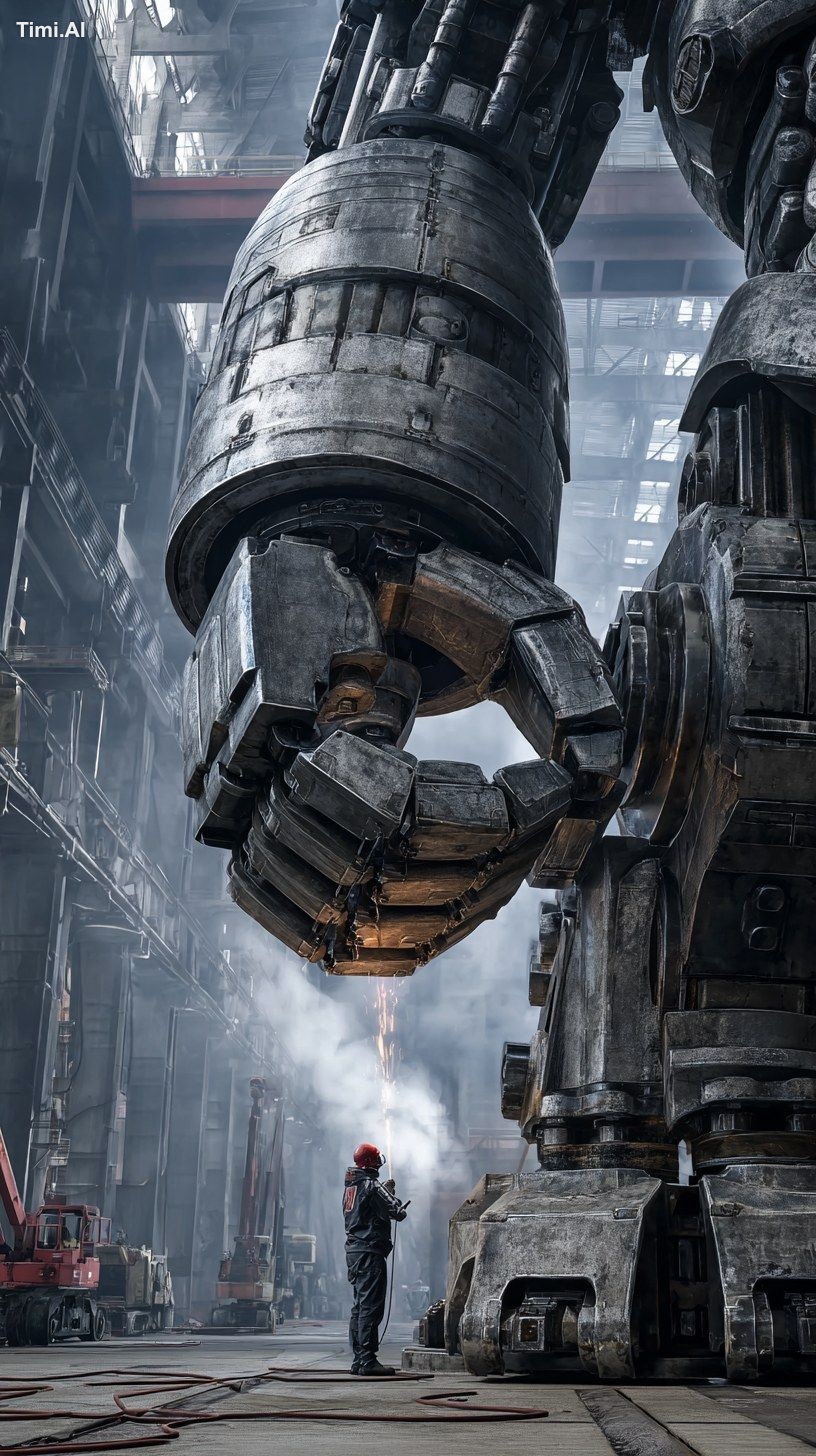 low-angle shot focusing on the elbow joint of a giant metallic arm. The…