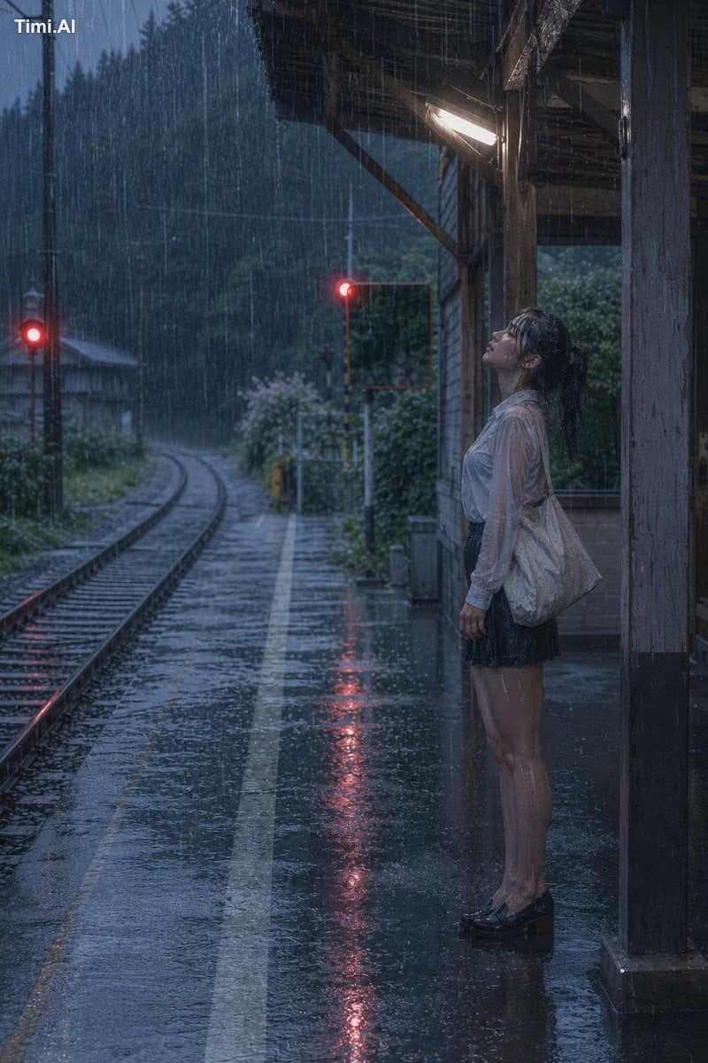 主題： 雨の無人駅 人物・表情： 20代女性。自然で成熟した雰囲気、幼さのない落ち着いた顔立ち。黒茶色の濡れたセミロングヘアを低めにまとめ、前…