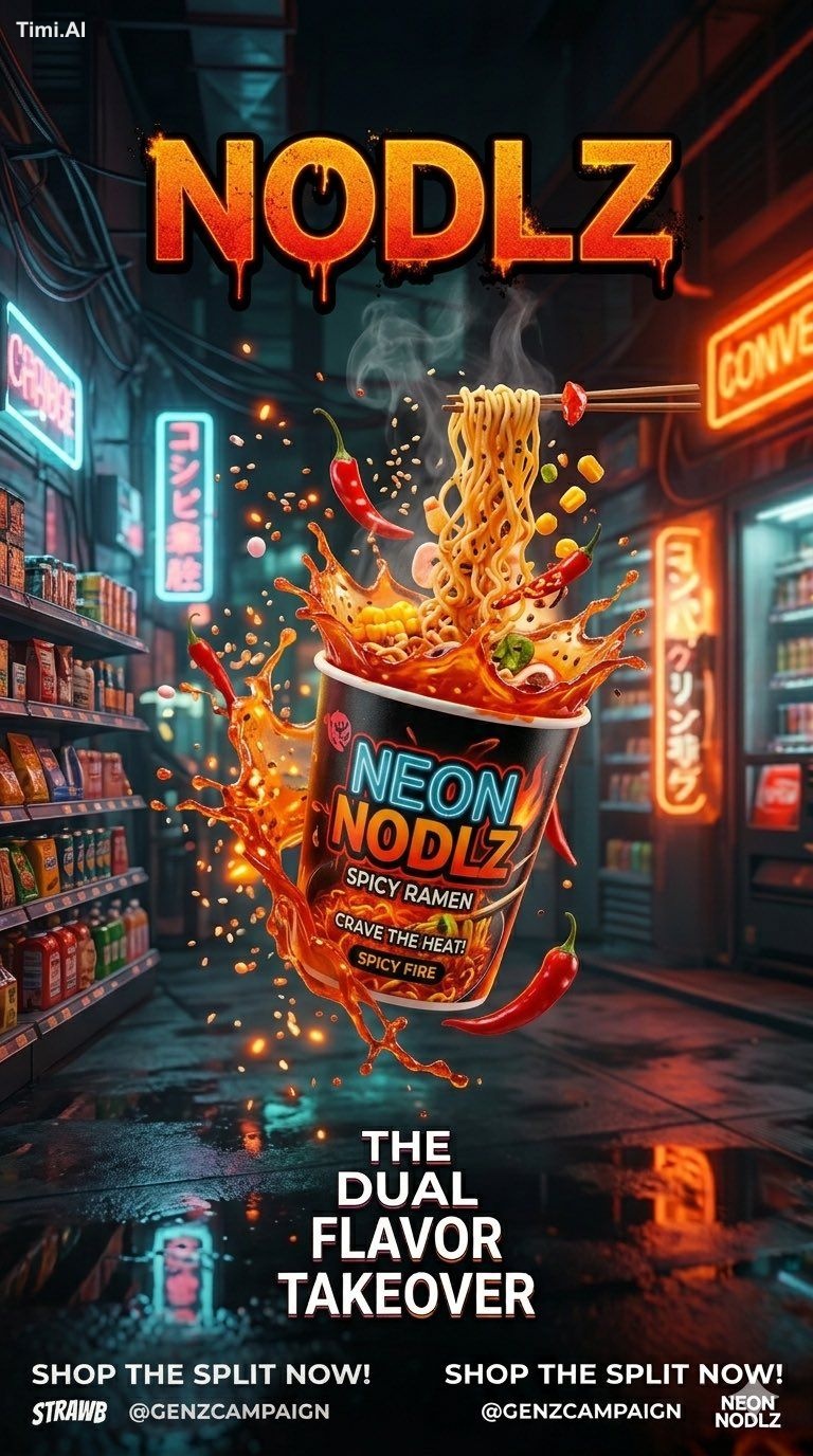 Create a split screen Gen Z FMCG advertising campaign poster featuring … 1