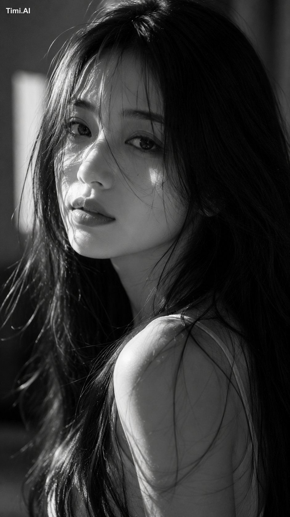 Ultra-photorealistic cinematic black-and-white fine-art beauty portrait…
