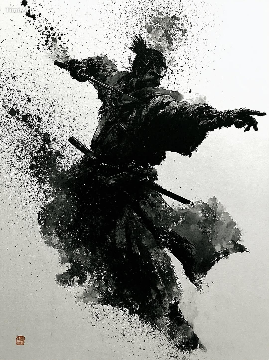 Japanese sumi-e ink wash painting style, traditional samurai warrior in… 1
