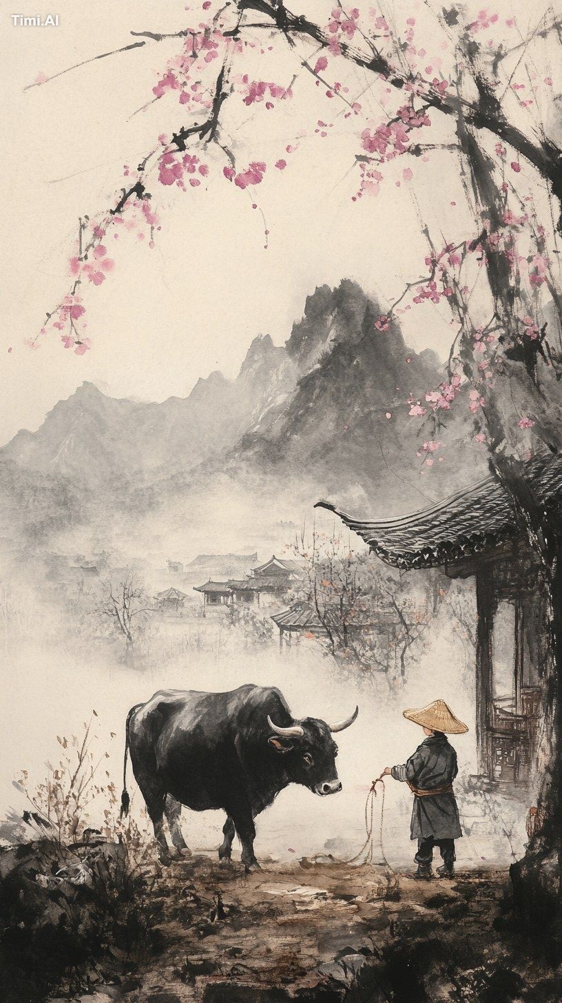 An ink-wash illustration in traditional Chinese style depicts apricot f…