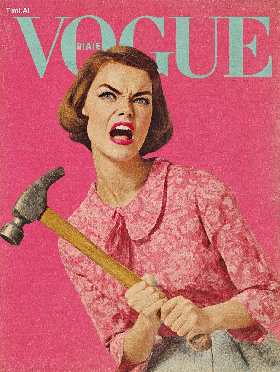simple funny happy housewife with a hammer in rage, 1960s vogue magazin…