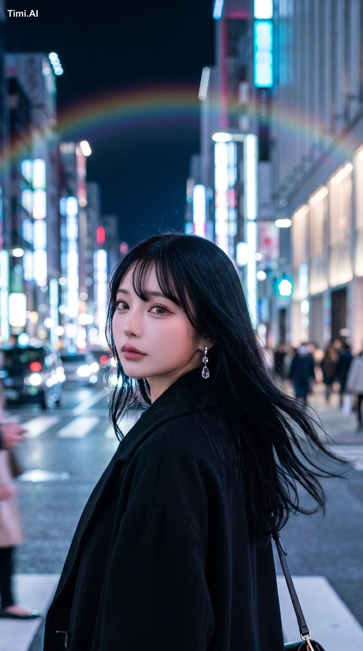 A breathtaking 22-year-old East Asian woman walking alone through a vib…