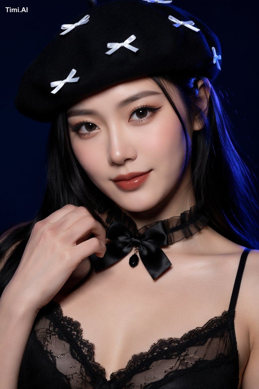 写实竖幅近景魅力美妆人像，精致棚拍写真风格。成年东亚女性，21岁以上，上胸至头顶，深黑色/海军蓝棚拍背景。直面镜头——柔和自信的表情，放松眼神… 2