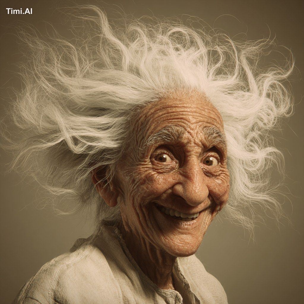 realistic picture, of a old lady, big smile, disheveled, fly away hair,…