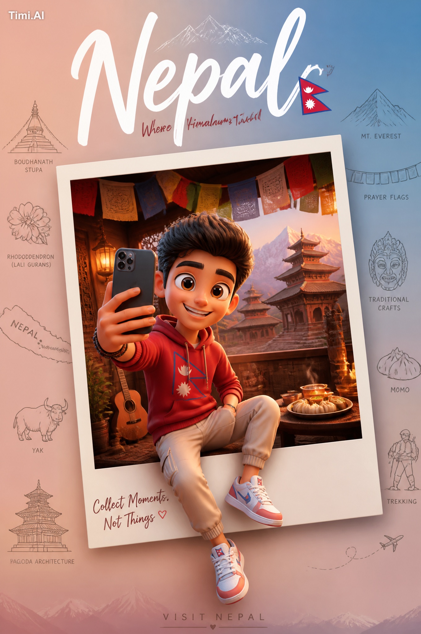 Create a premium collectible travel poster in a cute stylized 3D cartoo…