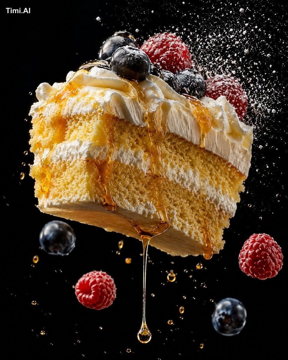 Tight close-up levitation food shot, strawberry shortcake layers floati…