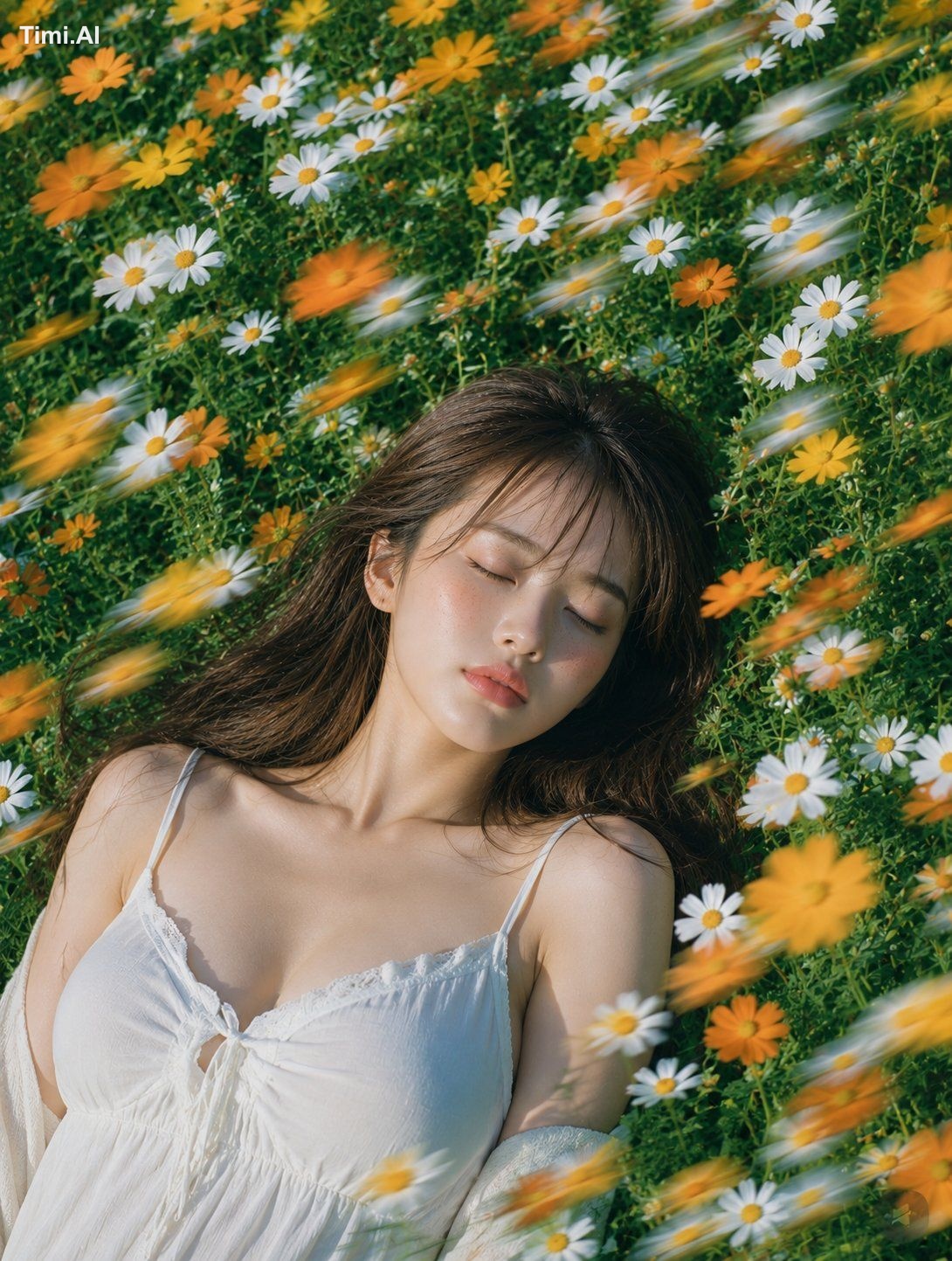 縦長4:5の写真風ポートレート。白と黄色のマーガレット、オレンジ色の小花が密に咲く夏の草花畑に、成熟した大人の女性が仰向けで静かに横たわってい…