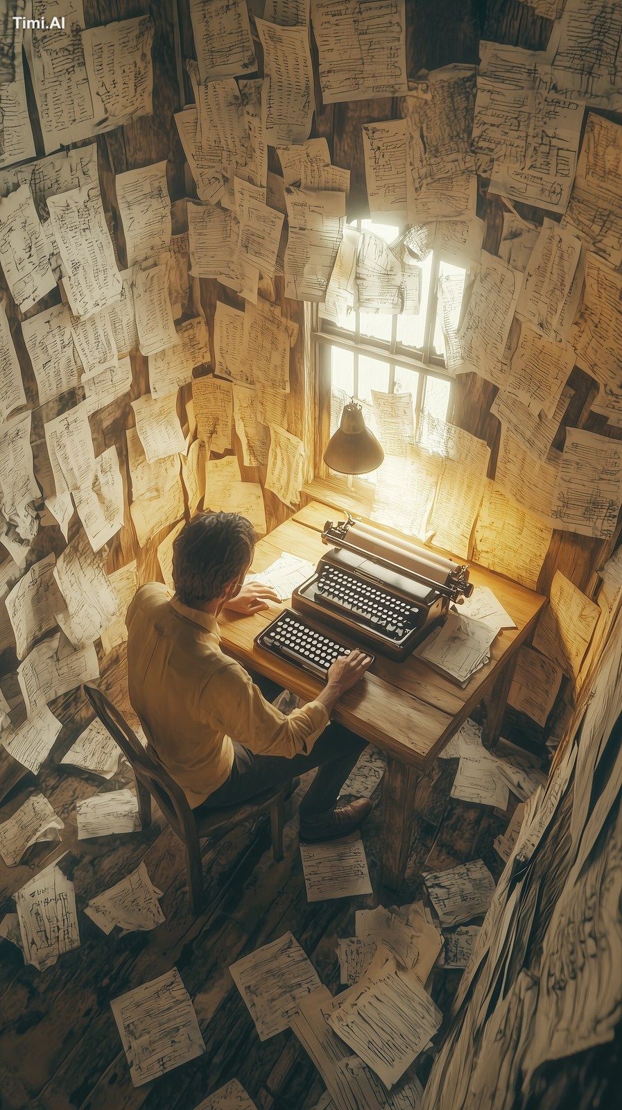 A hyper-realistic, cinematic image of a 1920s businessman sitting at a …