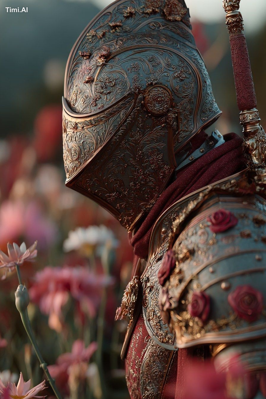 Knight in intricate engraved armor, standing amidst a field of vibrant …