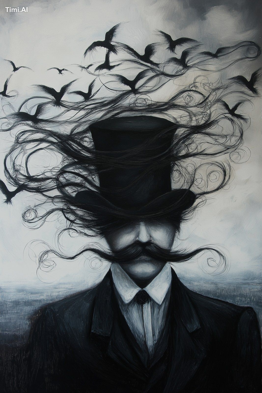 A man with mustaches wearing top hats in the style of surreal portrait …