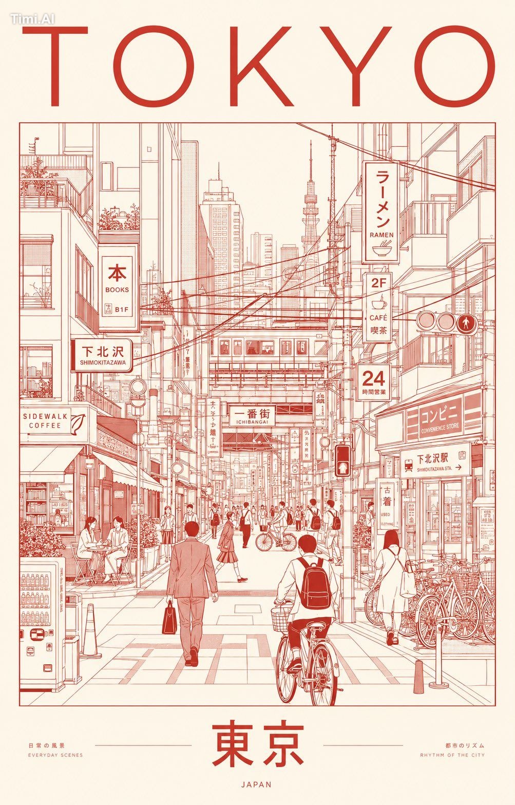 Create an ultra-premium minimalist city portrait poster of TOKYO, captu…