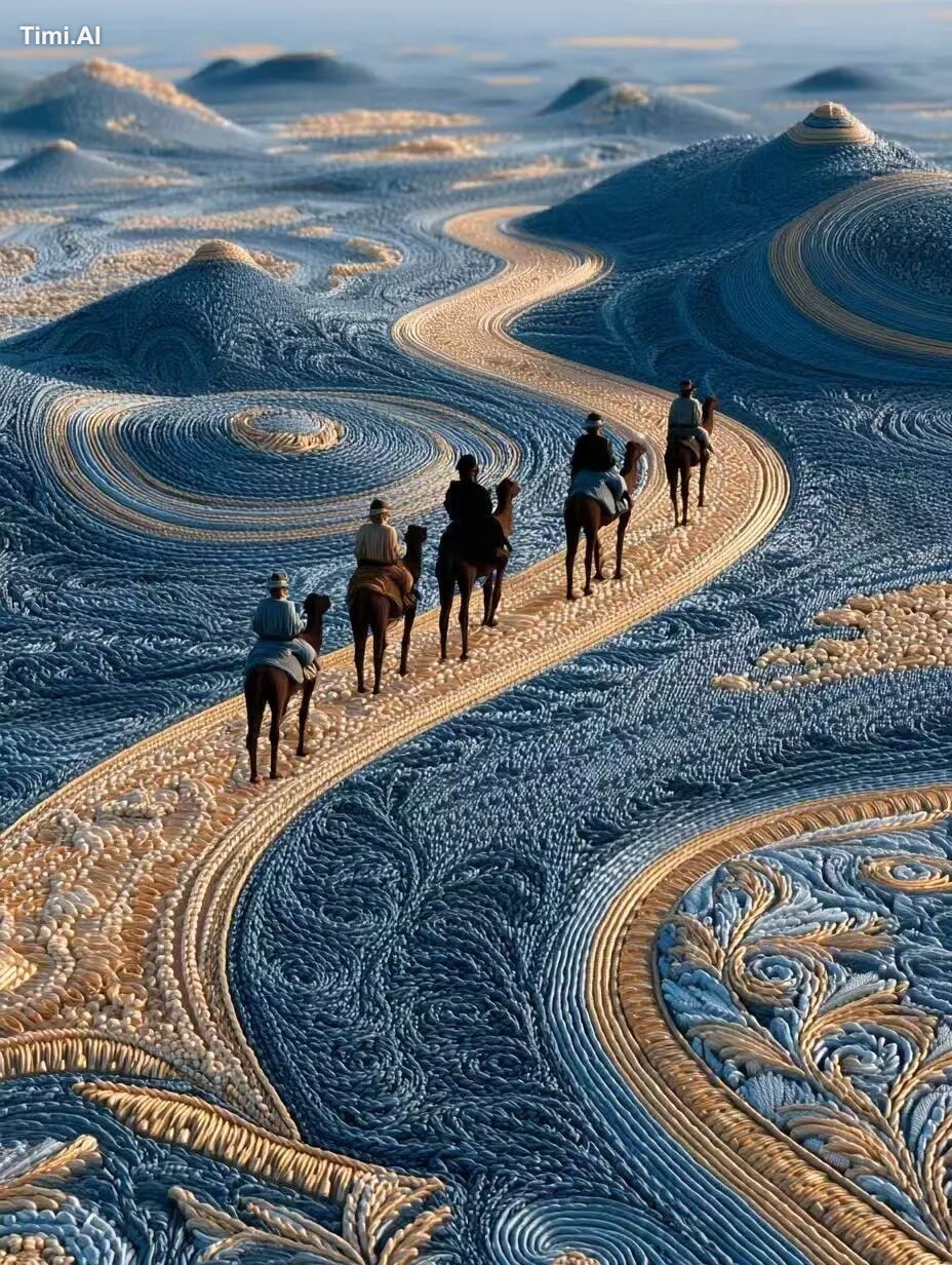 A group of camel riders walking on the topography made from fabrics, in…
