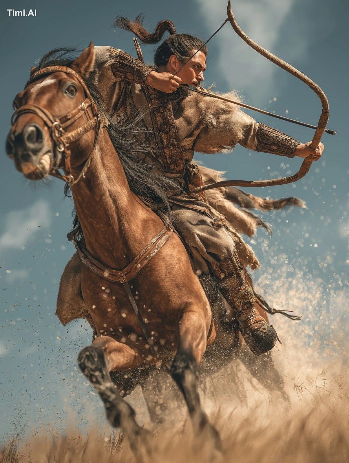 Hungarian horseman archer performing the backward shot (Parthian shot),…