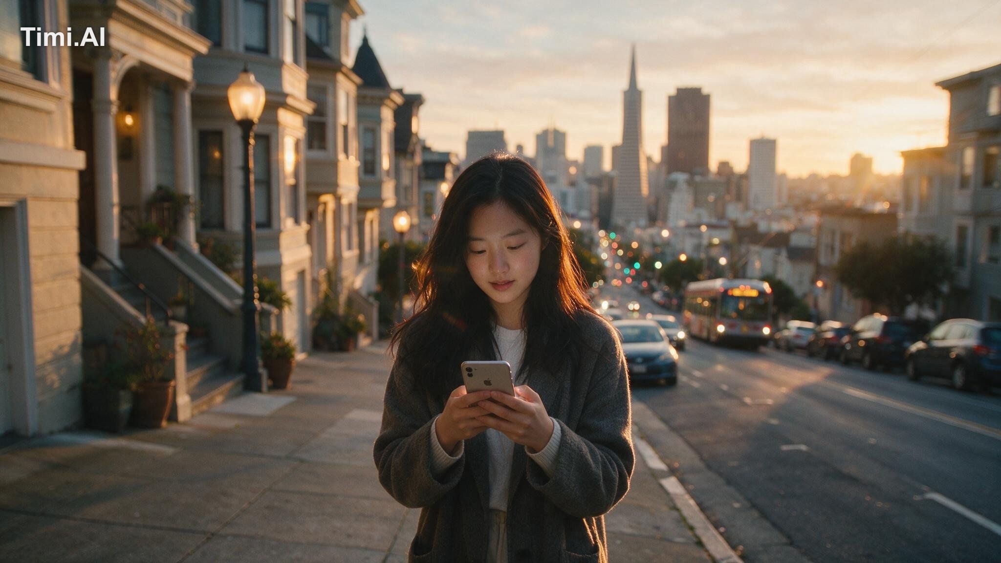 a Korean girl in her twenties on her iPhone in San Francisco at sunset