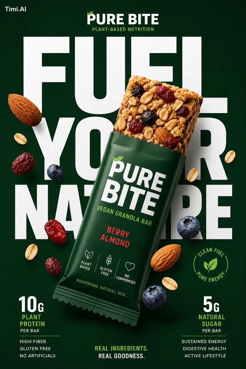 Create a premium FMCG healthy snack advertising poster inspired by bold…