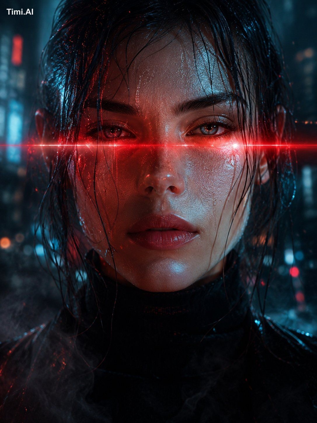 Ultra-realistic cinematic close-up portrait of a mysterious young woman…