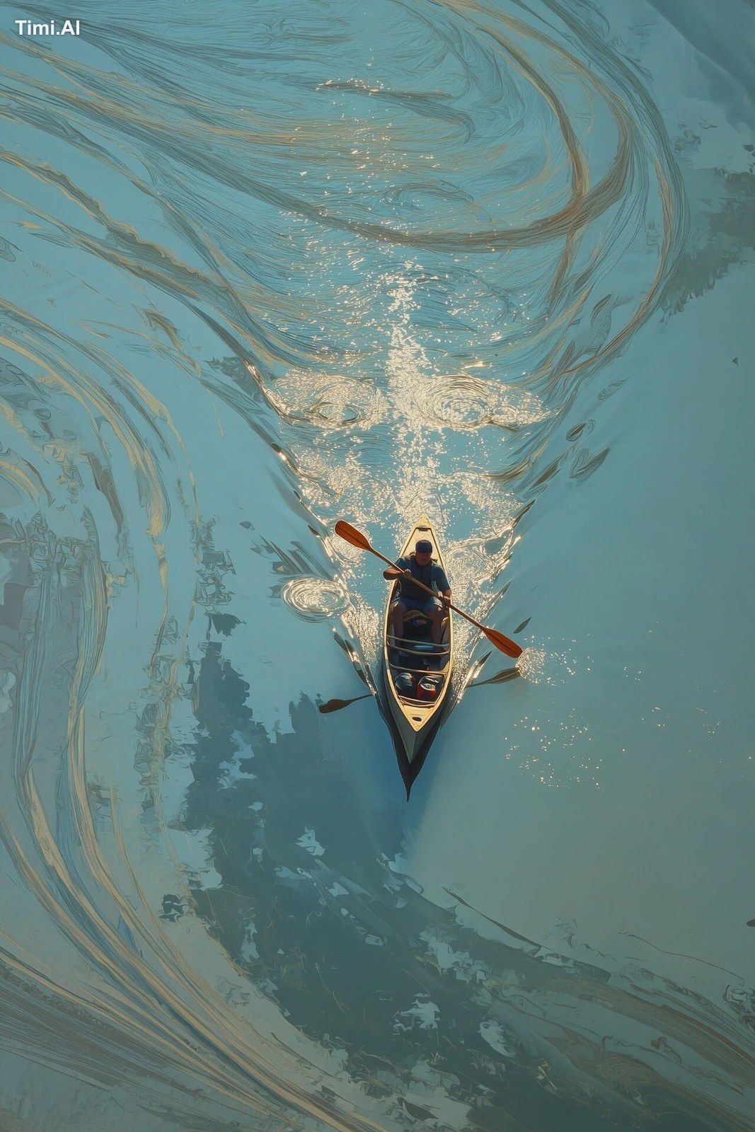 abstract art of paddling canoeist, overhead shot, paddling wake or trai…