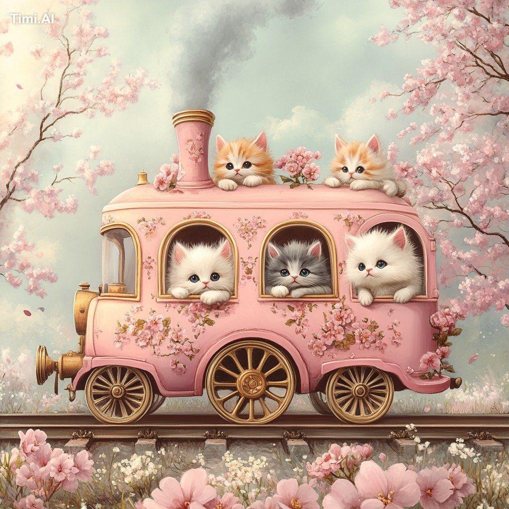 A pastel pink toy-like miniature steam train with golden wheels, floral…