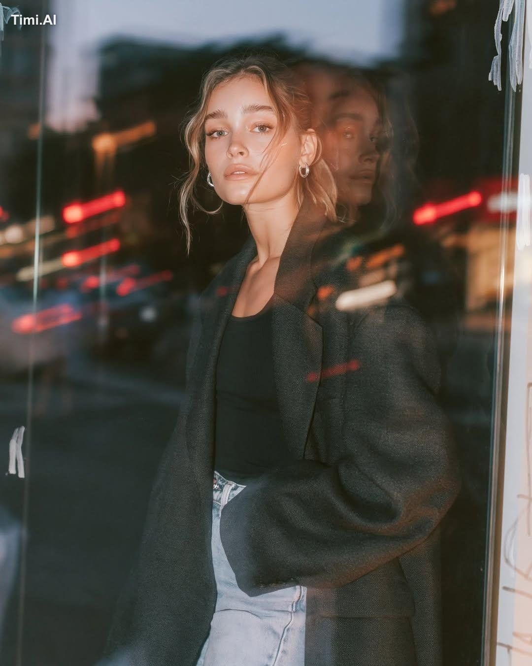 > Ultra-realistic editorial fashion portrait of a young woman standing …