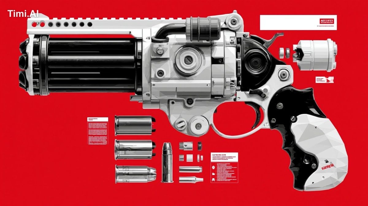Autopsy infographic of geometric low-polygon gatling gun hybrid, parts …