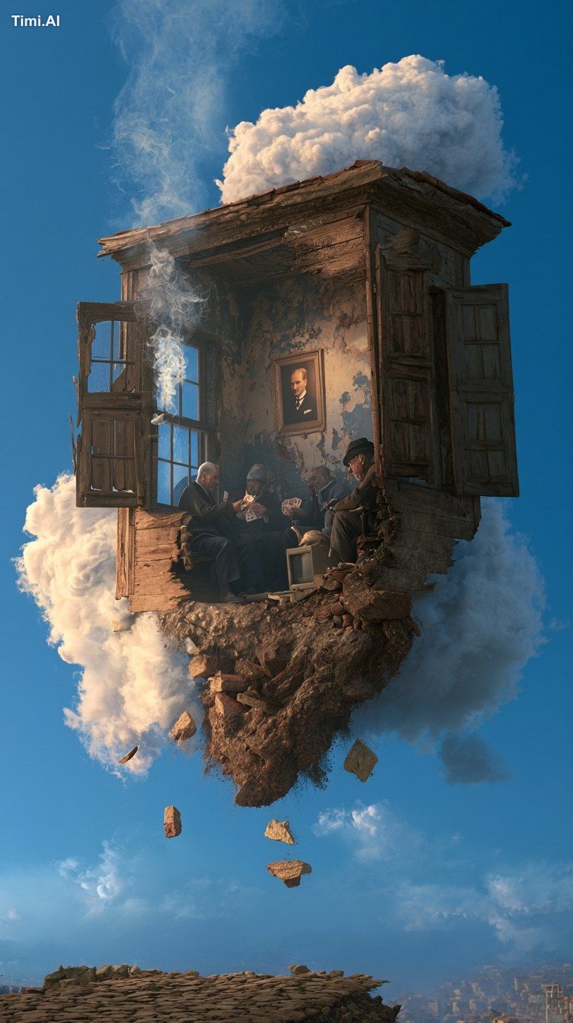 Photorealistic surreal composite, a single old men's coffeehouse torn f…
