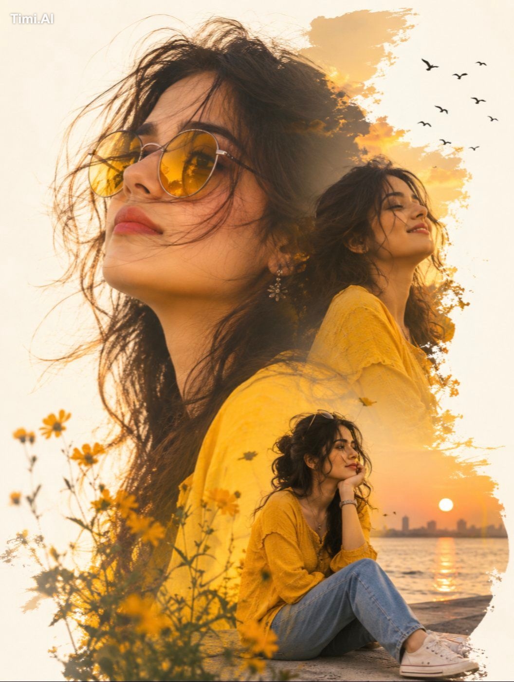 A dreamy, artistic double-exposure composition featuring a young woman …