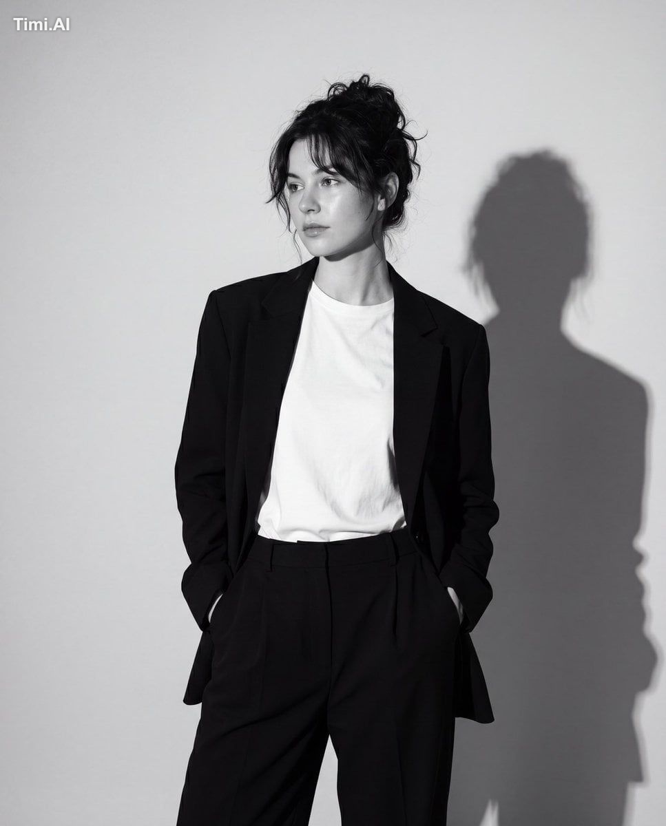 A fine art black-and-white editorial portrait of a stylish young woman …