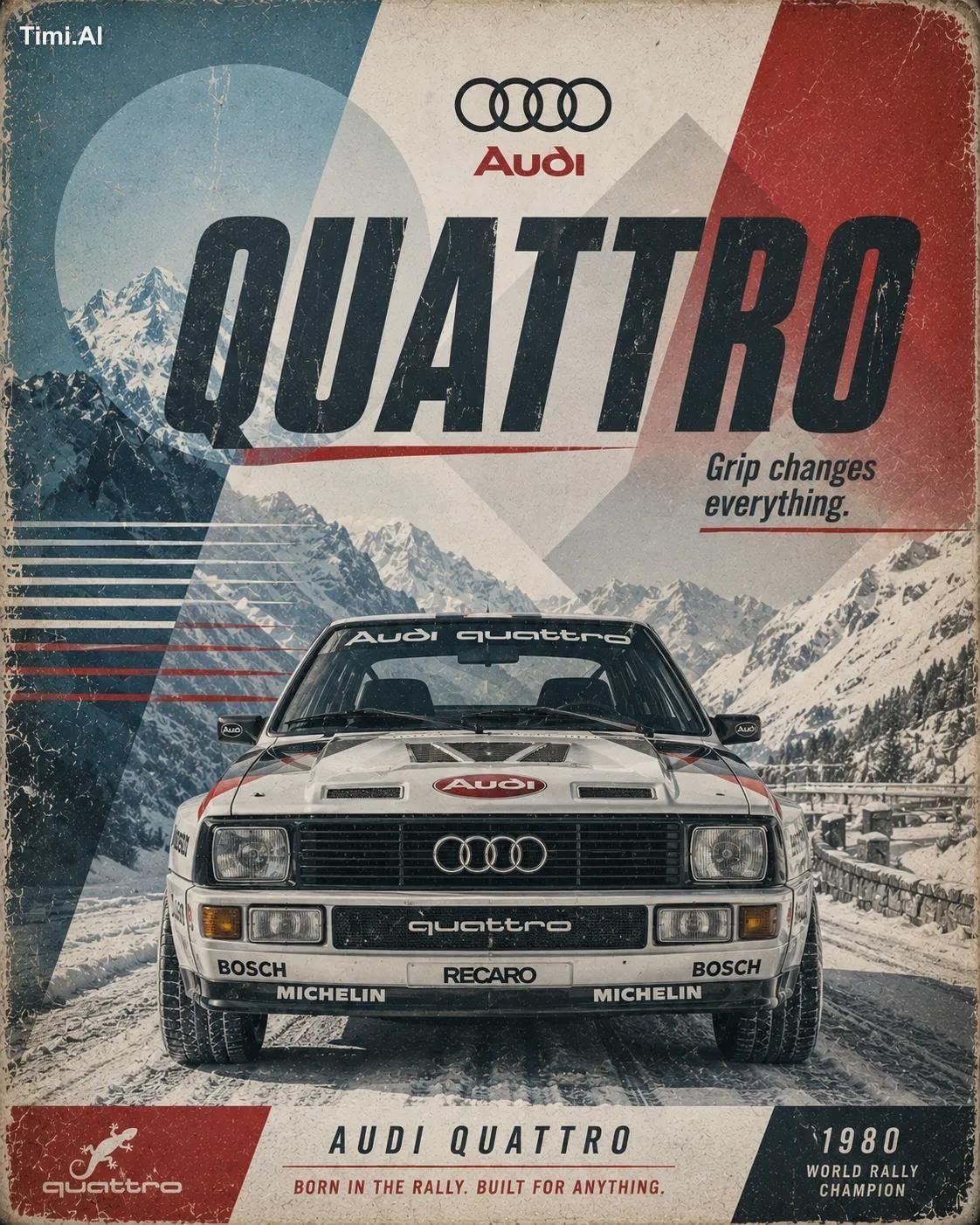 Retro motorsport poster for [CAR], 4:5 vertical. Show a front-facing lo… 1