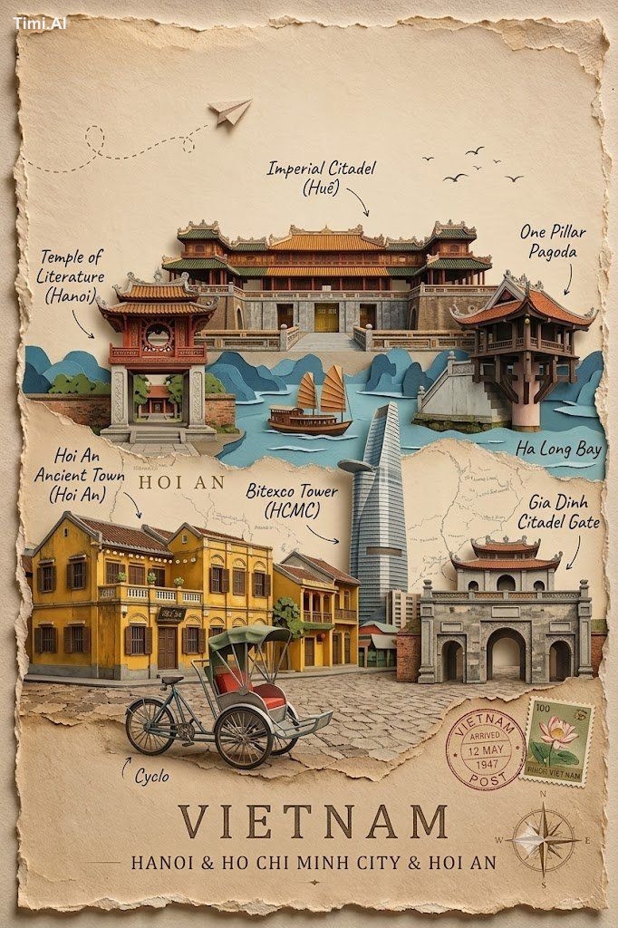 Create a vintage-inspired travel poster in a layered 3D paper-cut colla… 1