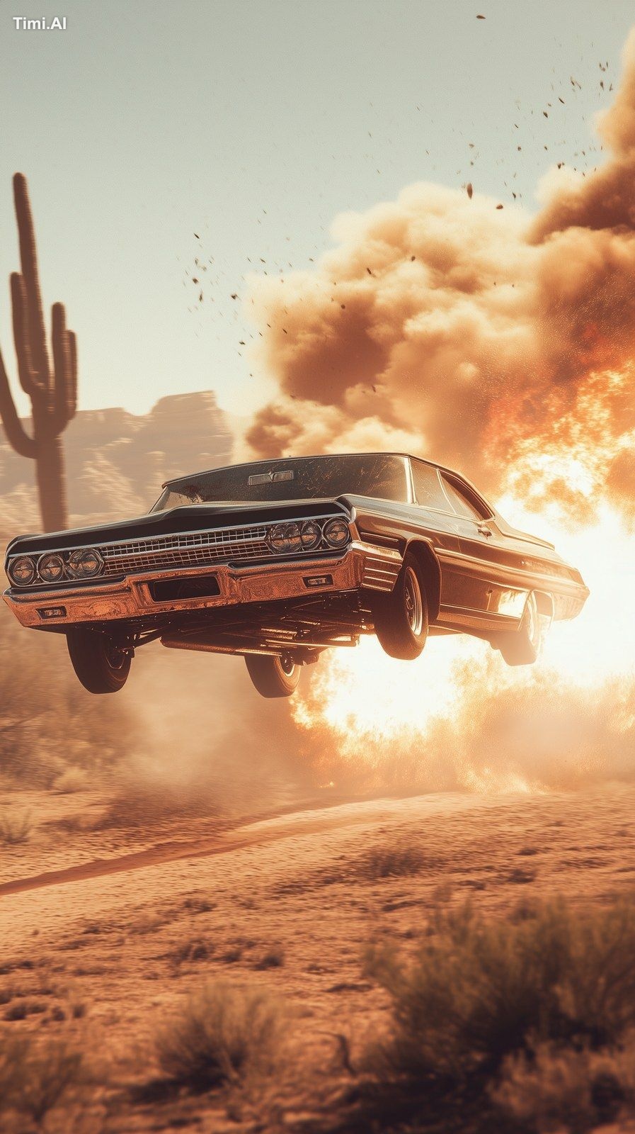 Chevrolet Impala with a massive rocket engine launches into the air ove…