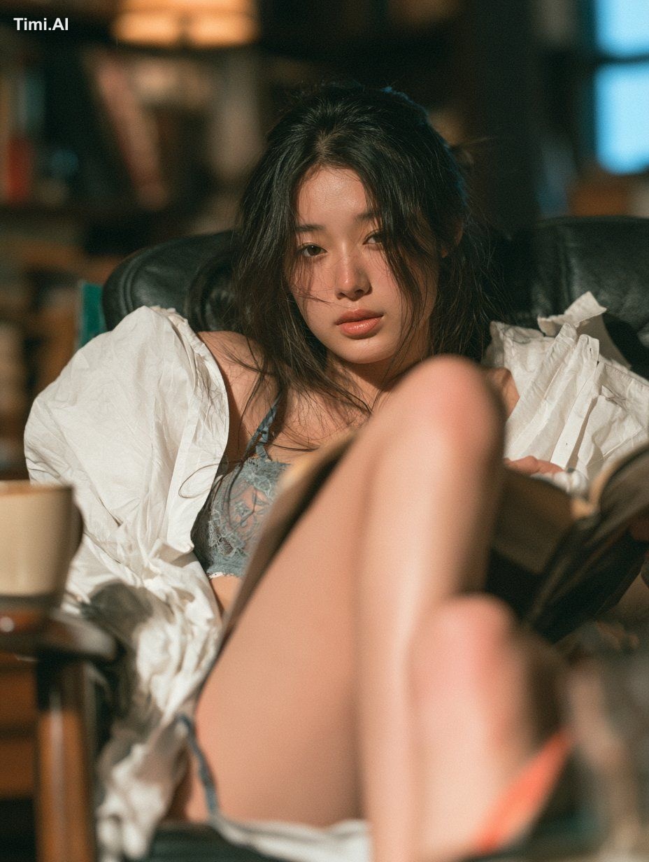 23-year-old East Asian woman, soft almond eyes, relaxed expression, hai…
