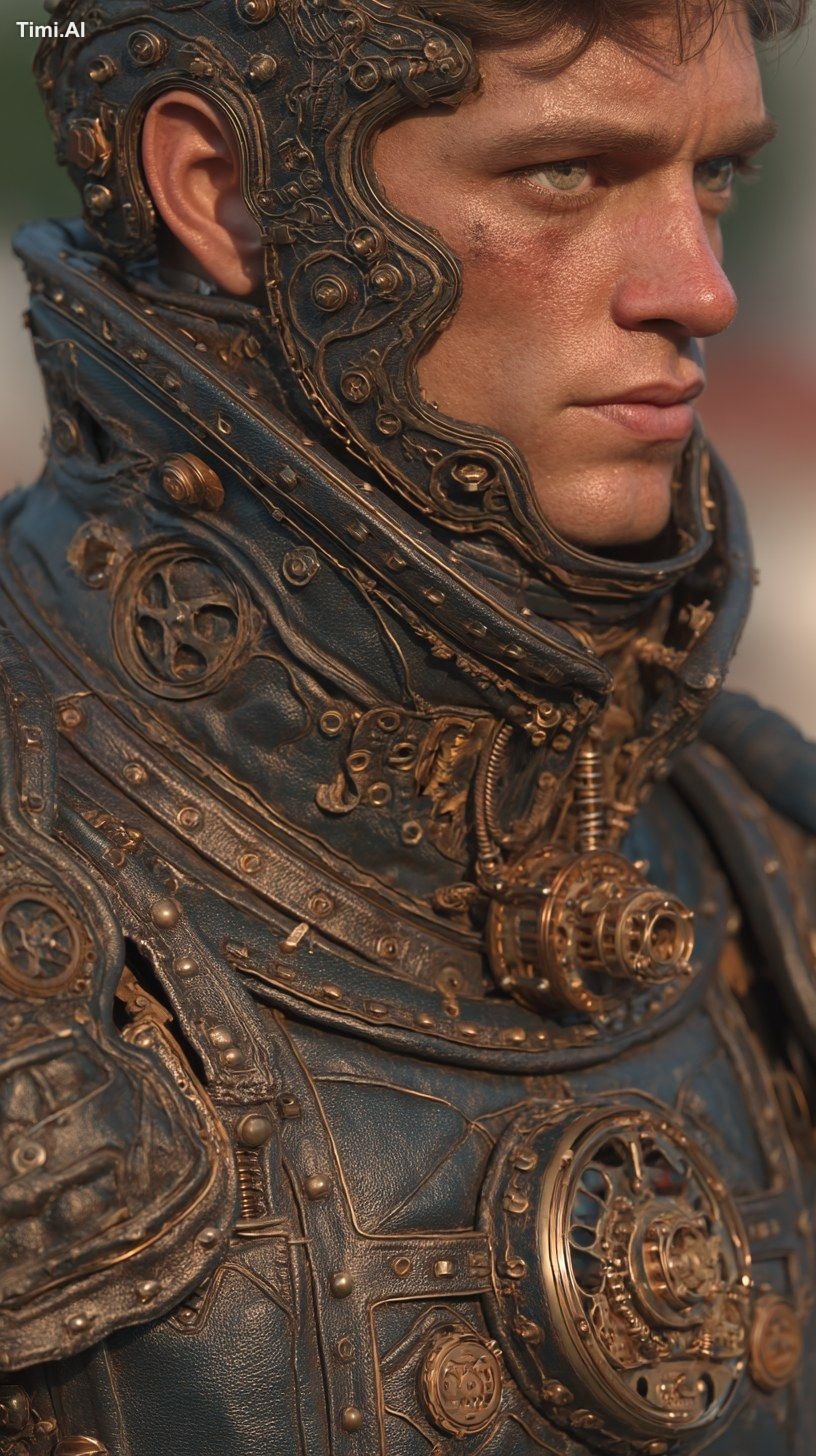 a young man dressed in steampunk cyberpunk armor side view golden hour …