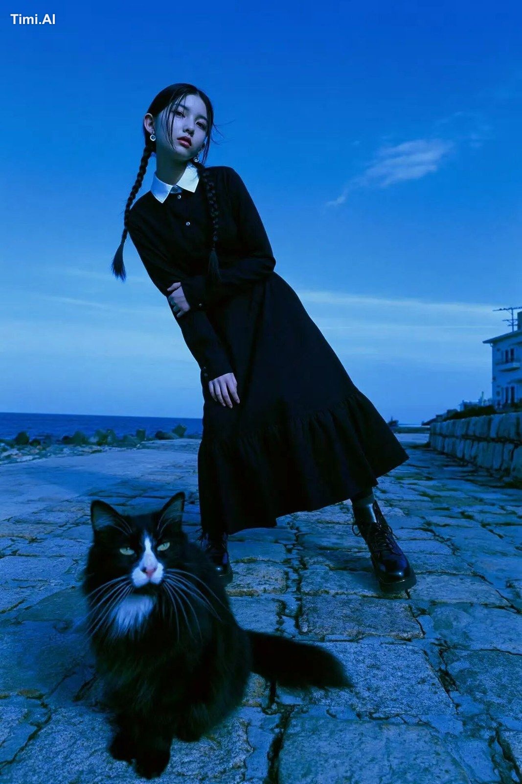 35mm film, 日本人女性のWednesday Addams, calm face with dynamic pose, a nearb…