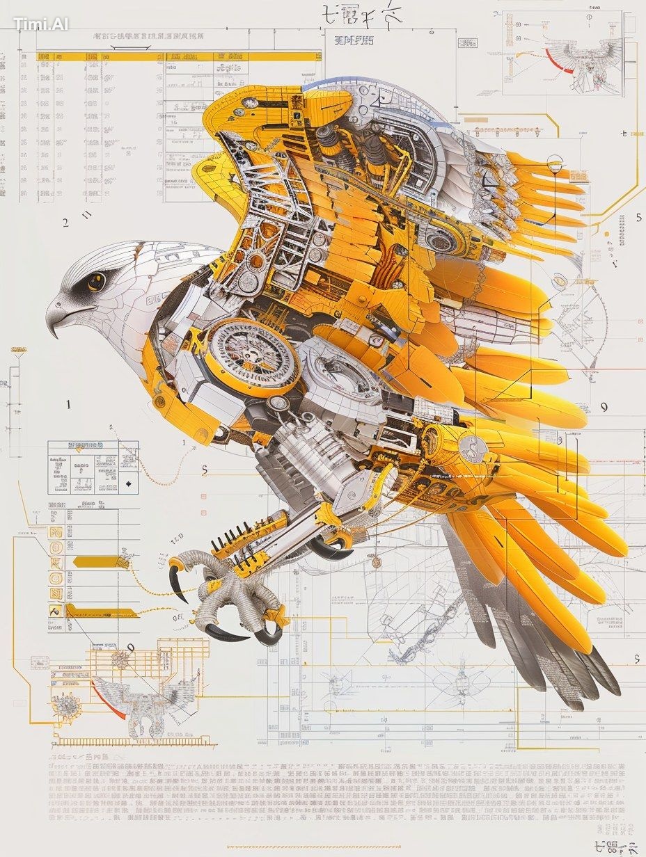 A biomechanical falcon in mid-dive, a cutaway diagram revealing the int…