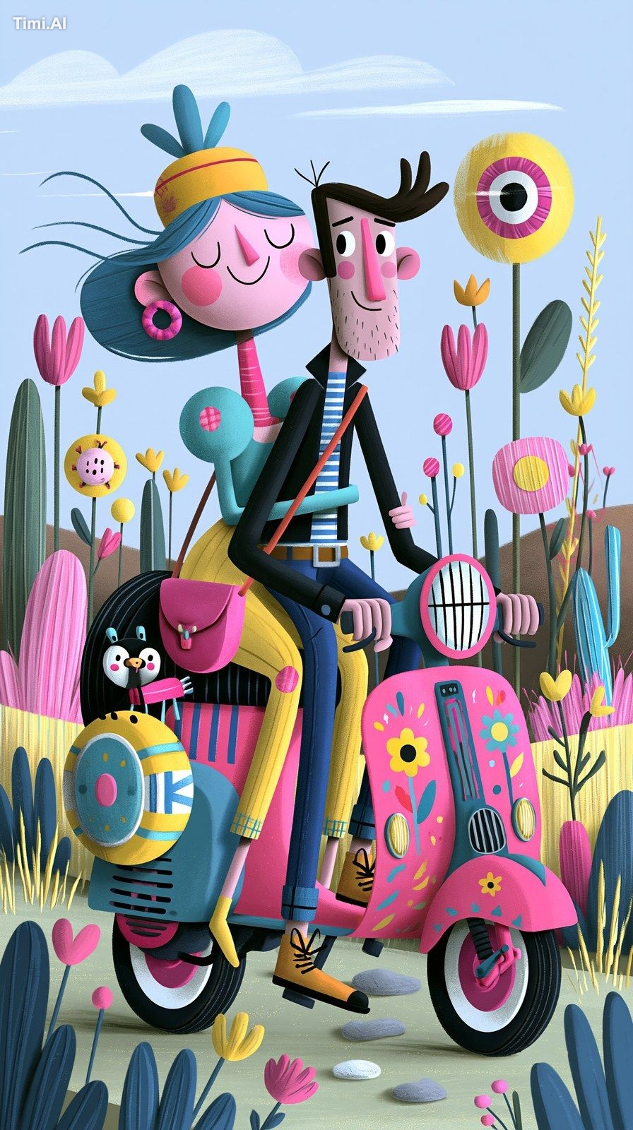 In countryside a couple ride a colourful vespa through Greece, with the…