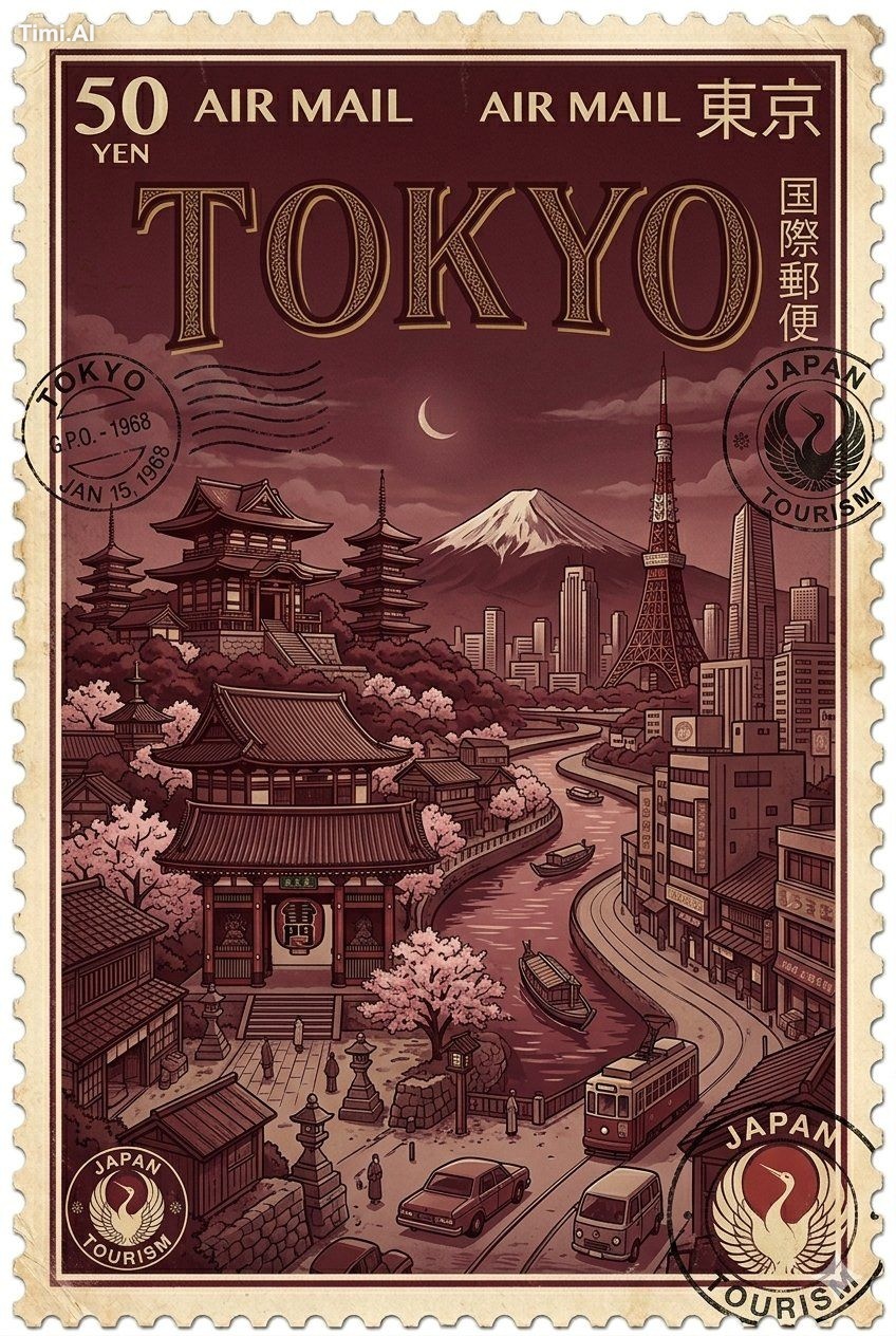 Create a vintage travel postage stamp poster featuring [CITY/COUNTRY]. … 1