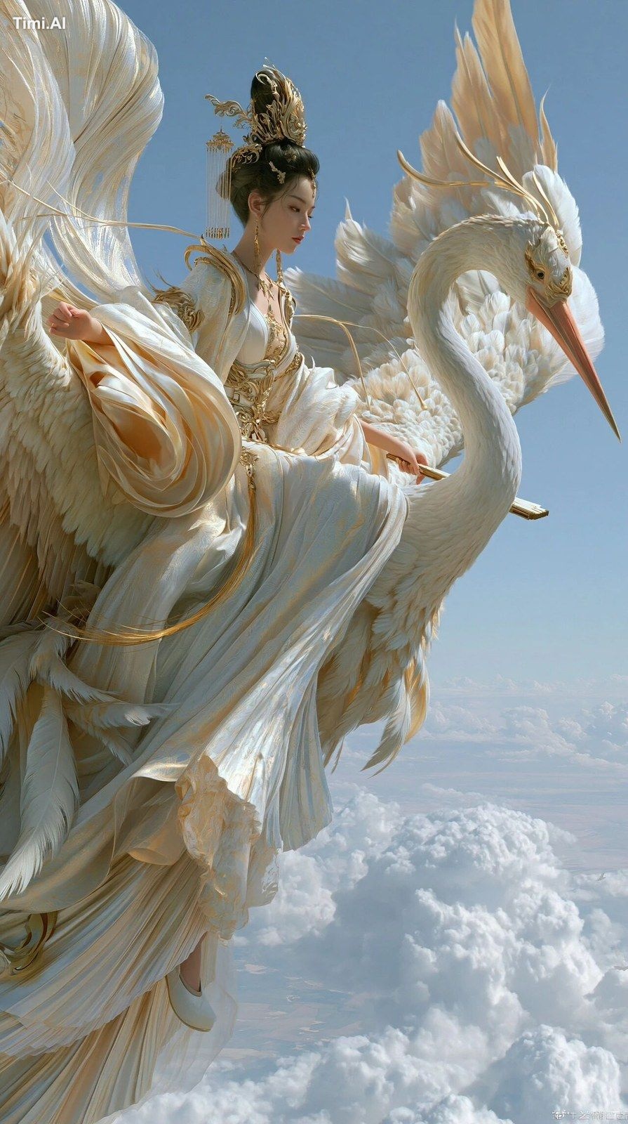 中景超广角，古老的东方神话奇幻场景，距离画面保持一定距离，一位身着飘逸白金色汉服衣裙的优雅古代中国年轻美丽古典女子，头发精致扎起，金色装饰物和…