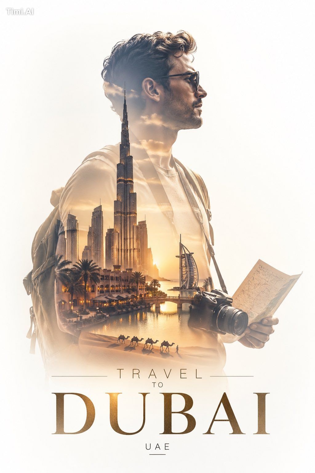 Create a minimalist double exposure travel poster for DUBAI. **Main Sub…