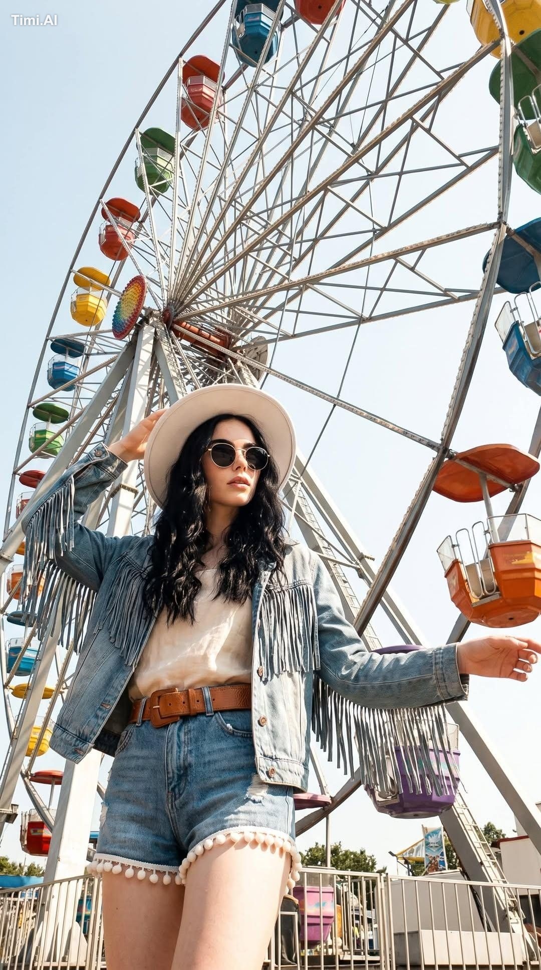 Shot from a low-angle perspective. The woman is wearing a boho-chic out… 1