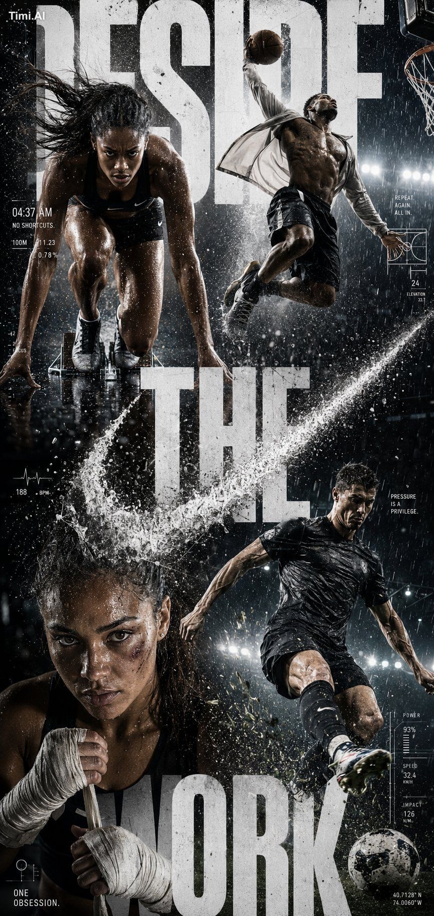 Create a hyper-realistic global sportswear campaign poster titled: "DES…
