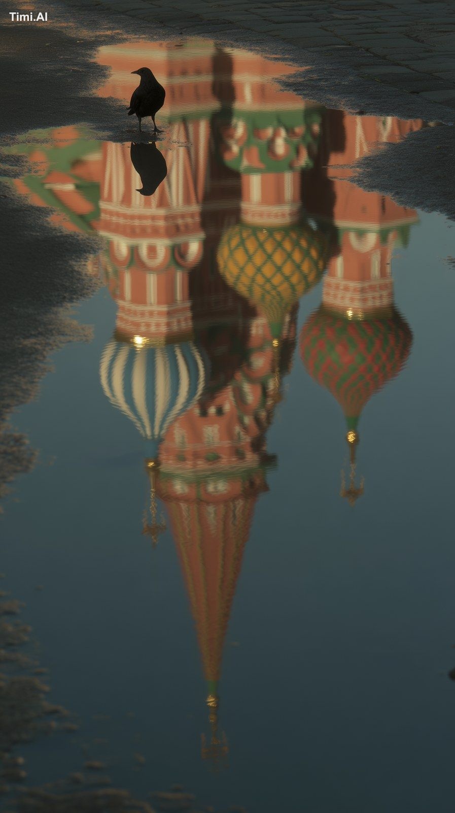 A puddle of water on the street reflects St. Basil's Cathedral, with se…