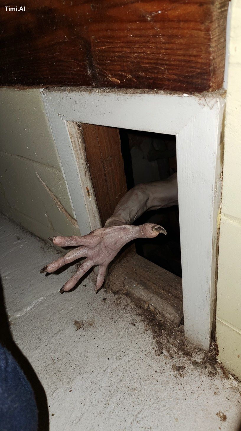 a photo of a grotesque arm reaching out of a crawl space small door in …
