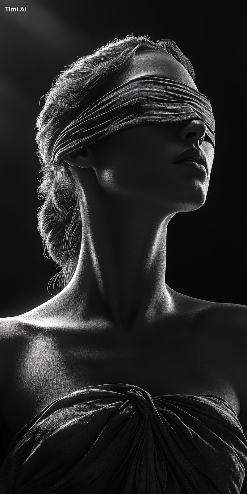 cinematic photography style, lady justice, blindfolded, smooth clear fe…